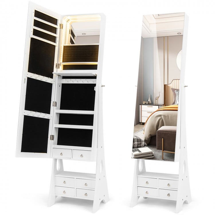 Freestanding Full Length LED Mirrored Jewelry Armoire with 6 Drawers-White