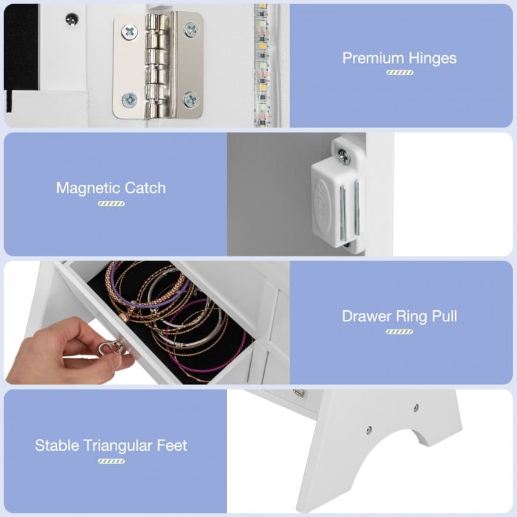 Freestanding Full Length LED Mirrored Jewelry Armoire with 6 Drawers-White