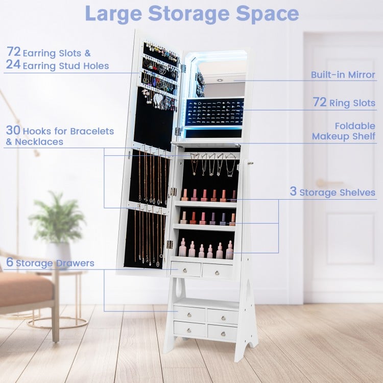 Freestanding Full Length LED Mirrored Jewelry Armoire with 6 Drawers-White