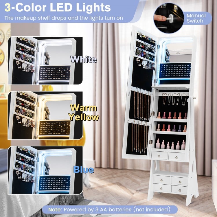 Freestanding Full Length LED Mirrored Jewelry Armoire with 6 Drawers-White