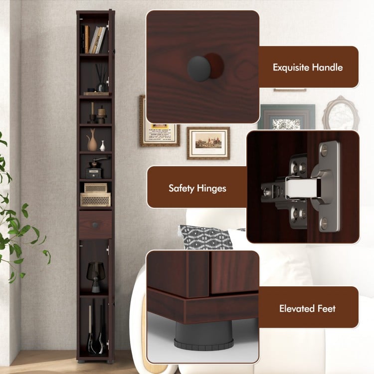 Freestanding Slim Bathroom Cabinet with Drawer and Adjustable Shelves-Brown