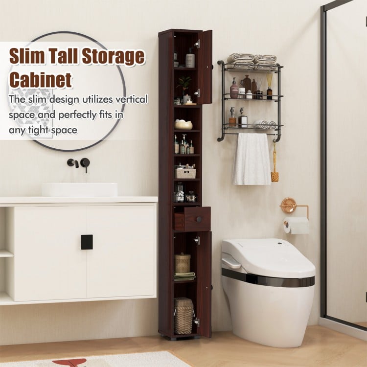 Freestanding Slim Bathroom Cabinet with Drawer and Adjustable Shelves-Brown