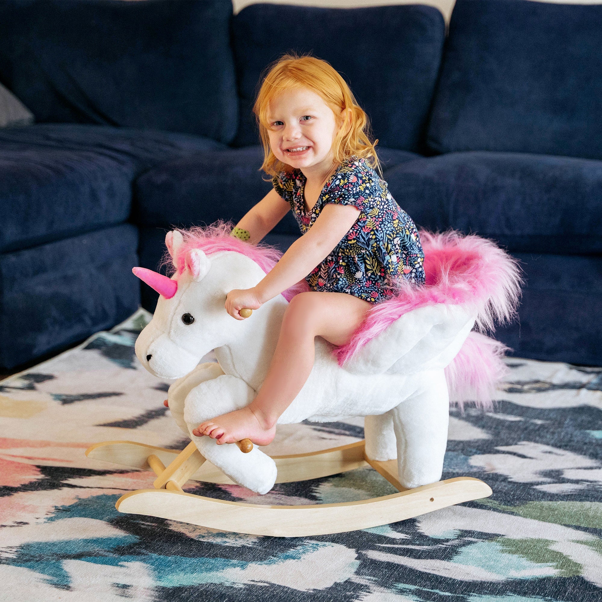 Qaba Kids' Pink Plush Rocking Horse Pony Sing-Along Musical Song Ride-On Toy Playtime Rocker Toddlers 