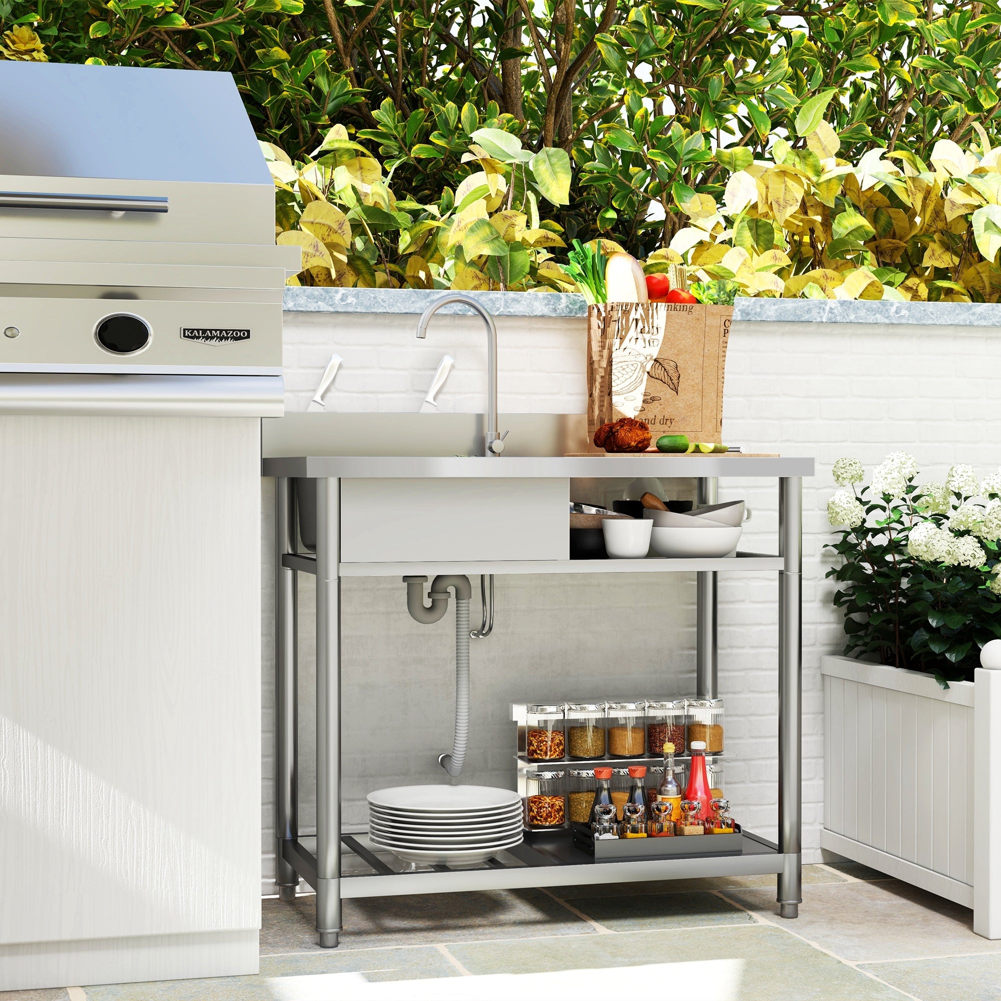 HOMCOM Stainless Steel Outdoor Utility Sink with Cold and Hot Water Pipe and Double Storage Shelves for Laundry Garage 