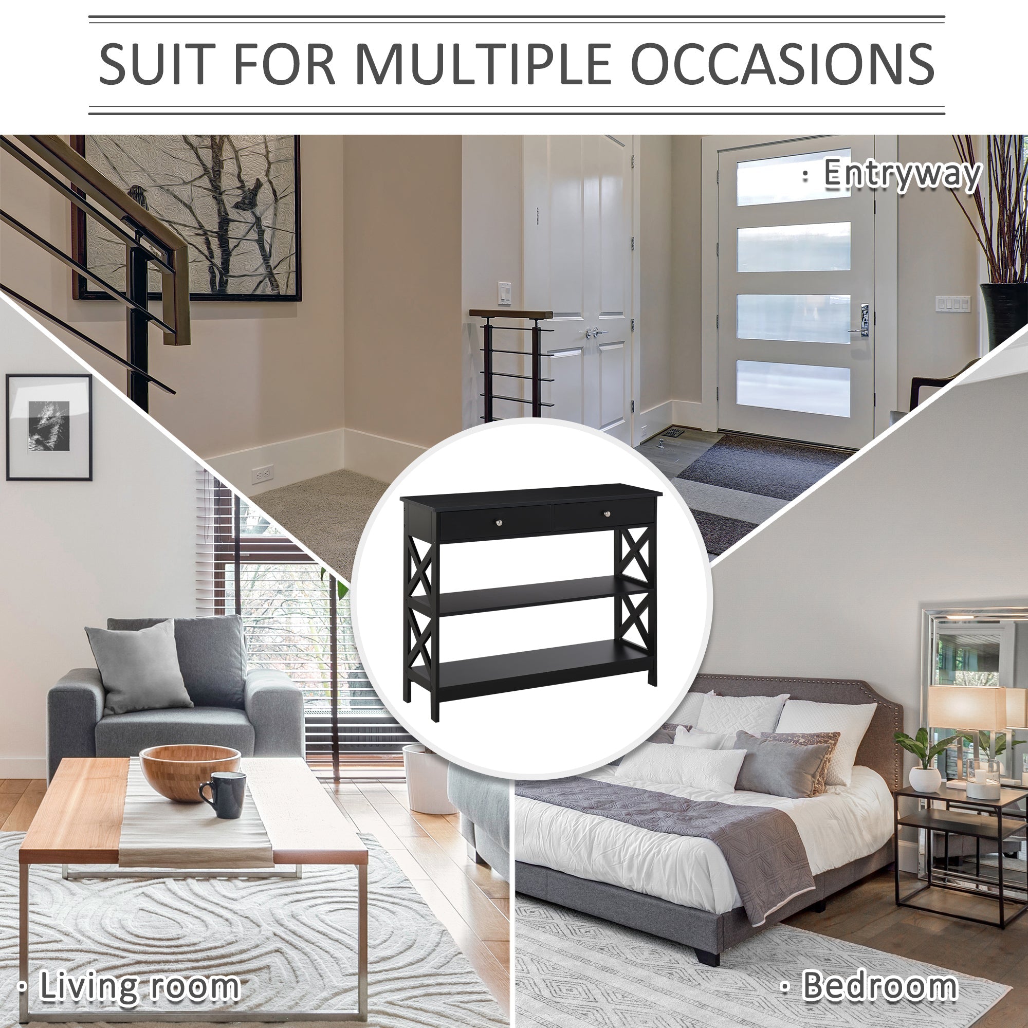 HOMCOM Sofa Side Table Console with Storage Shelves Drawers for Living Room Entryway X Frame Black 