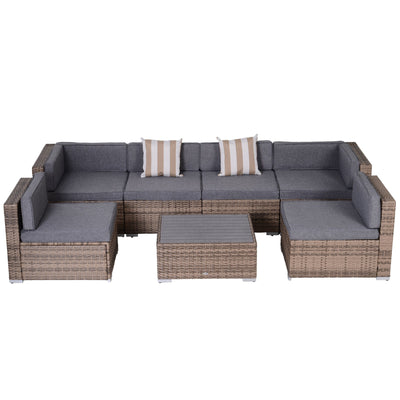Outsunny 7-Piece Outdoor Sectional Couch, PE Rattan Sectional Sofa with UV-Resistant Cushions & Dining Table, Grey 