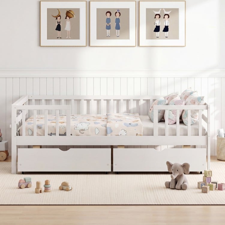 Full Size Daybed with Fence and 2 Drawers for Boys and Girls-White