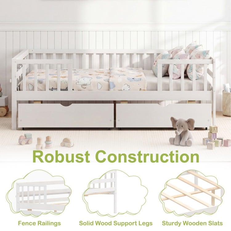 Full Size Daybed with Fence and 2 Drawers for Boys and Girls-White