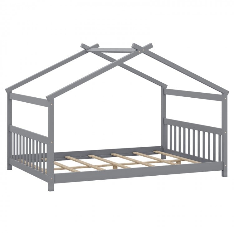 Full Size House Bed Montessori Floor Bed with Headboard-Gray