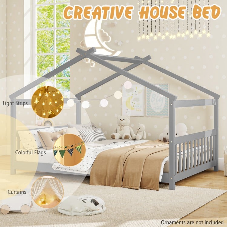 Full Size House Bed Montessori Floor Bed with Headboard-Gray