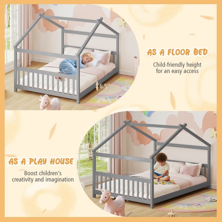 Full Size House Bed Montessori Floor Bed with Headboard-Gray