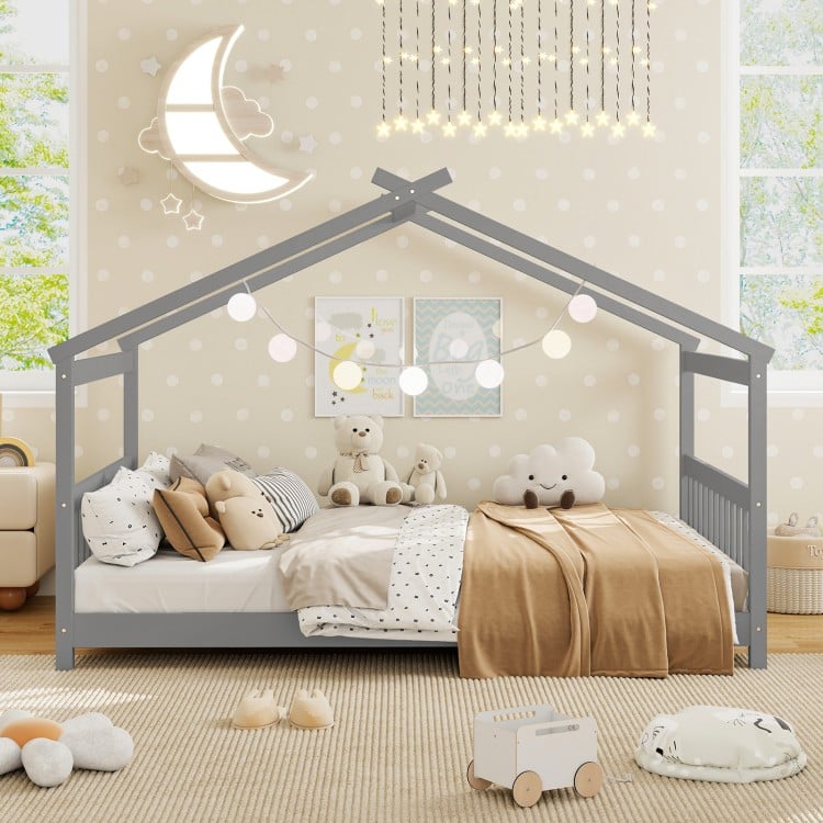 Full Size House Bed Montessori Floor Bed with Headboard-Gray