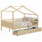 Full Size House Bed with Roof and Fence Rails for Kid-Natural