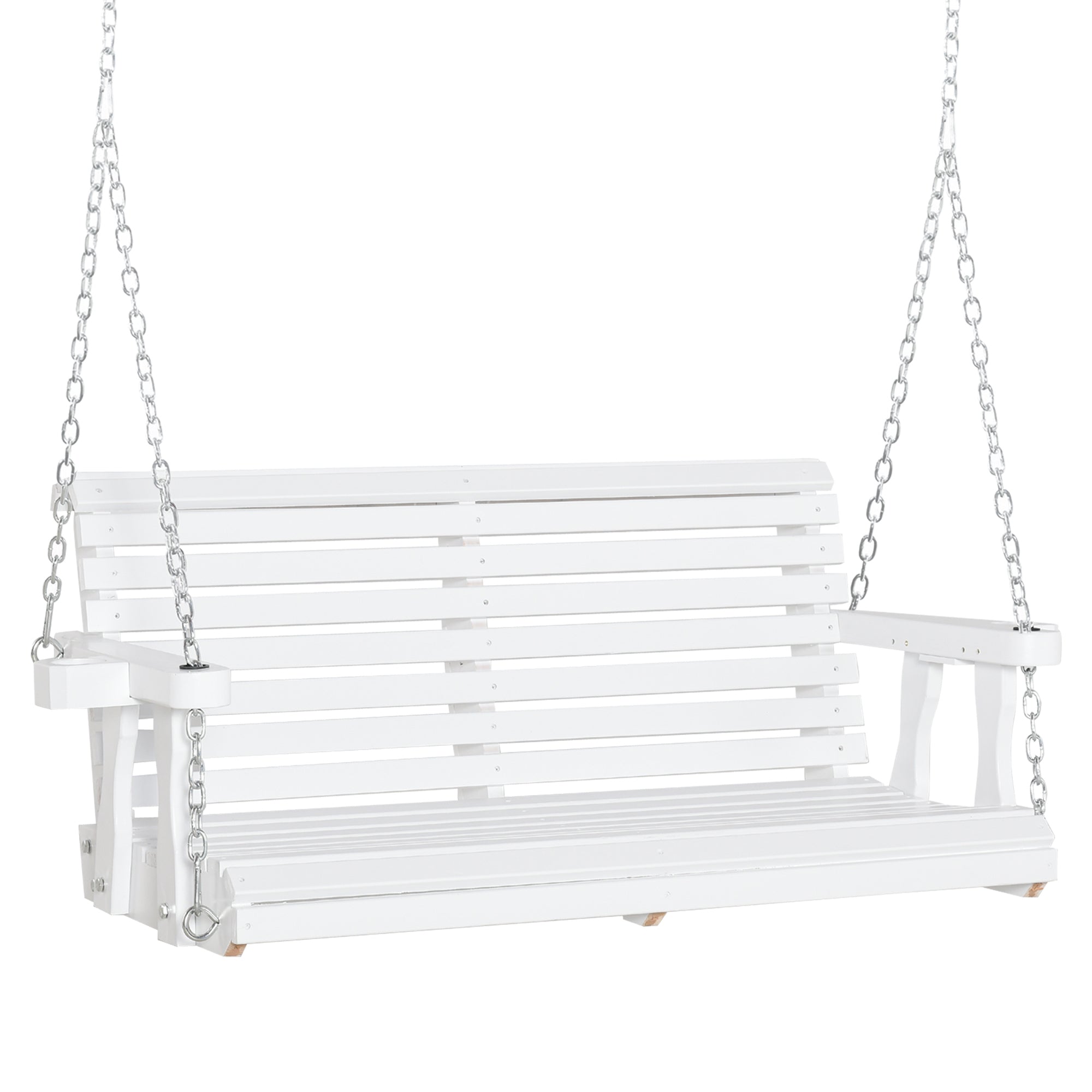 Outsunny 46" 2-Person Outdoor Porch Swing Bench with 2 Built-In Cup Holders & Chains Included, 550lb Weight Capacity, White 