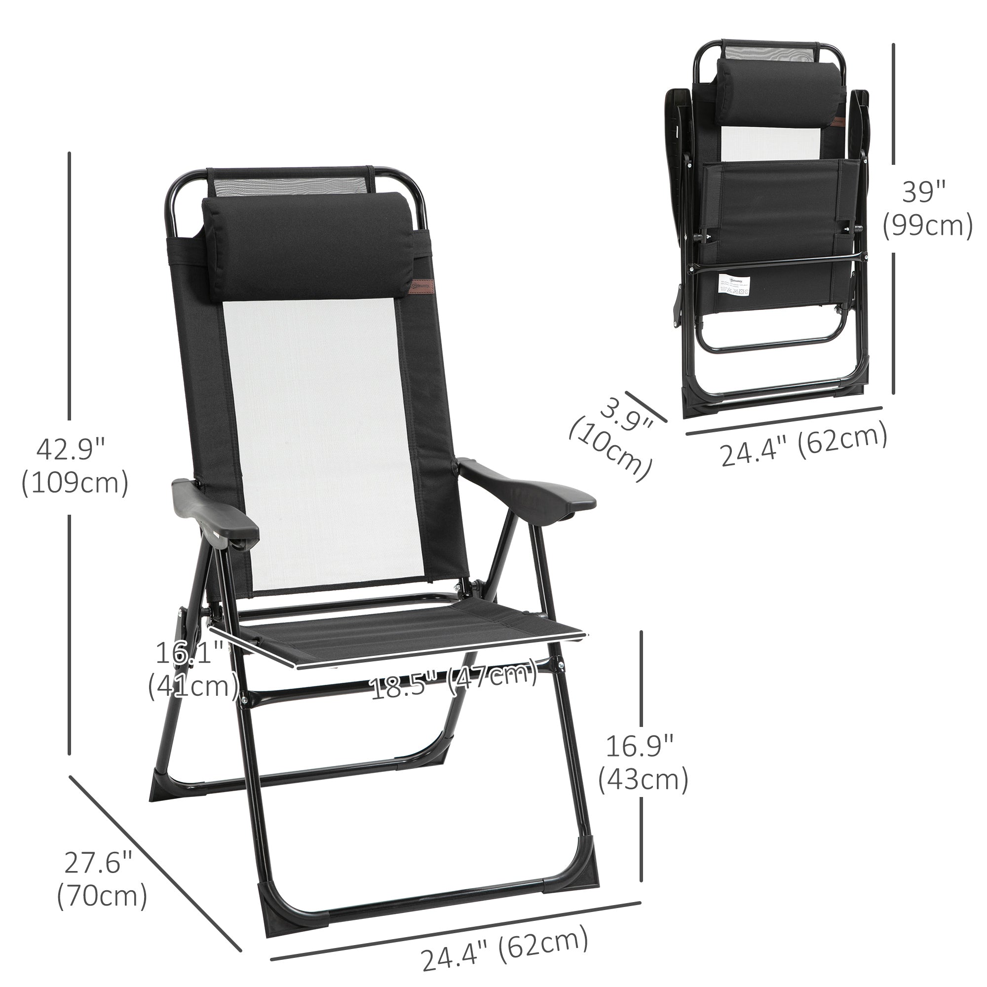 Outsunny Dual Camping Delight: Double Foldable Reclining Camping Chairs with Headrest, Black 