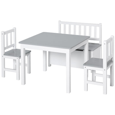 Qaba 4-Piece Kids Table Chair Bench Set: With Storage, Easy Clean, Grey/White for Boys & Girls 