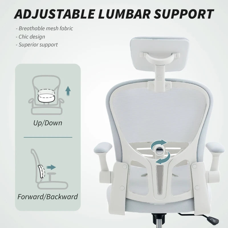 Office Chair, Mesh Computer Desk Chair with Adjustable Headrest, 4D Lumbar Support, Flip-up Arm, White