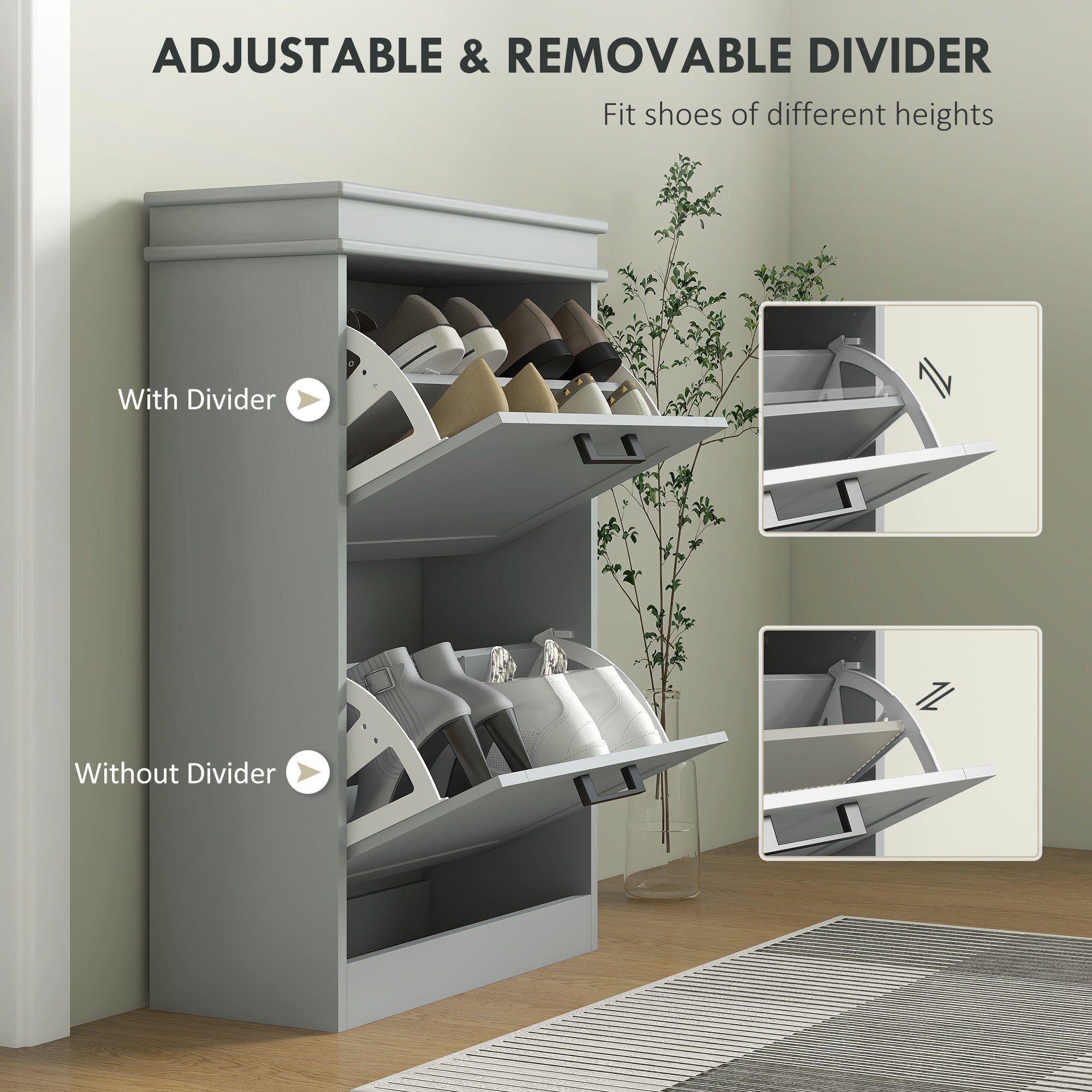 HOMCOM Shoe Storage Cabinet with 2 Flip Drawers and Adjustable Shelves, Narrow Shoe Cabinet for 10 Pairs of Shoes, Grey 