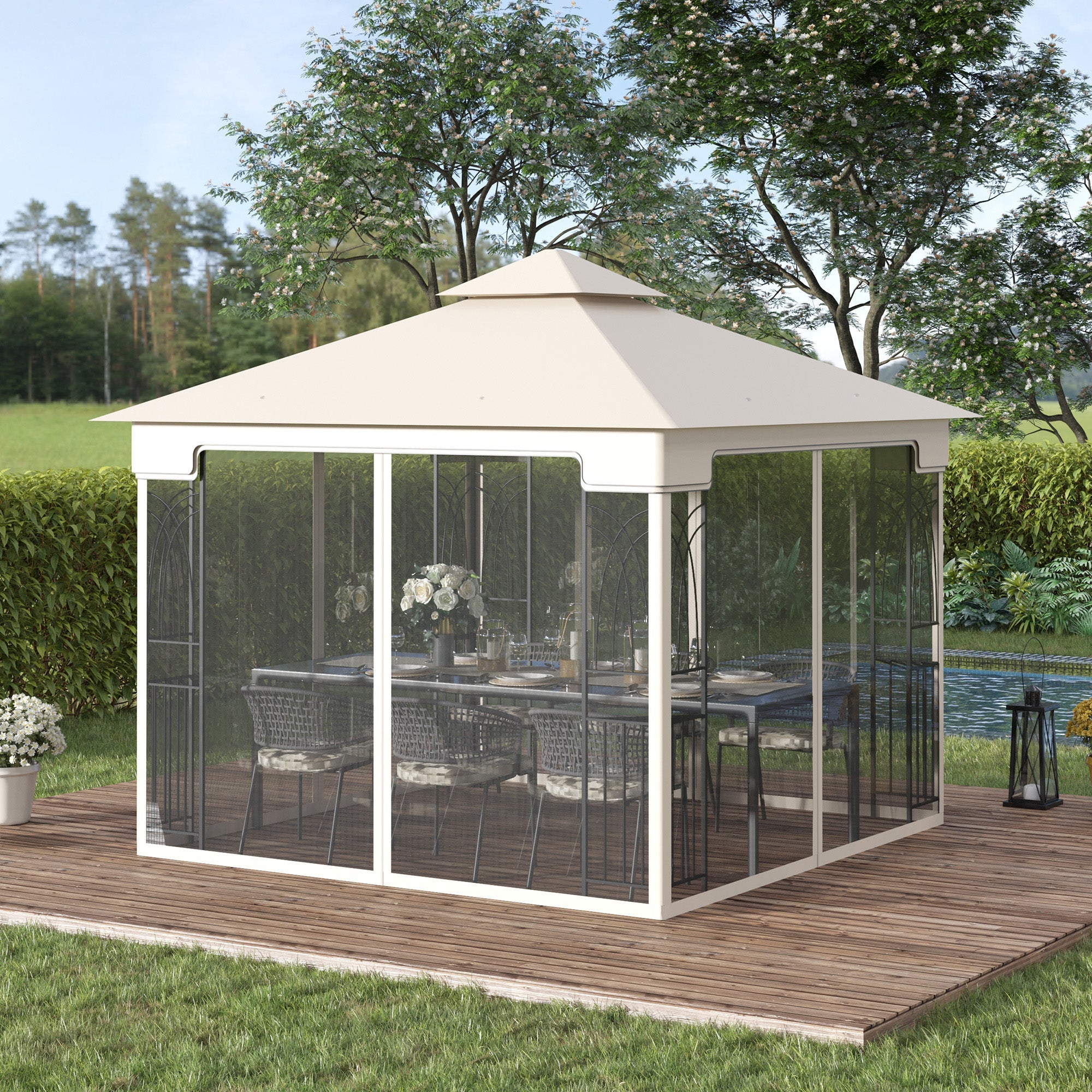 Outsunny 10'x10' Soft-top Patio Gazebo with Double Tier Roof, Mesh Curtains, Display Shelves, Top Hooks, Cream 