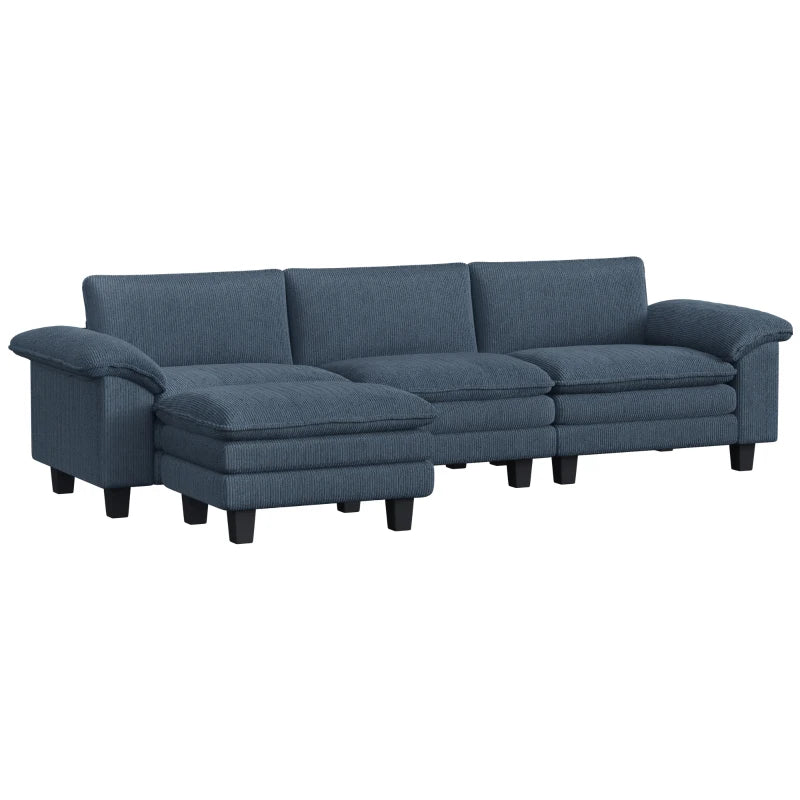 HOMCOM L-Shaped Sectional Sofa with Deep Seats, Movable Ottoman & Pillow-Top Armrests, Contemporary Corduroy Couch – Blue