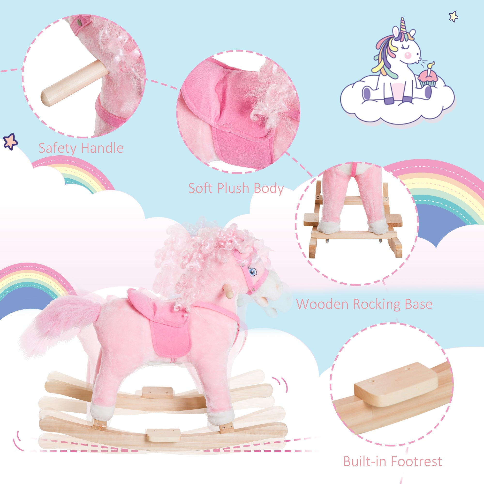 Qaba Kids Plush Rocking Horse Poney Child Ride On Toy Rocker w/ Realistic Sounds Pink 
