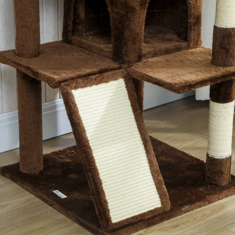 54" Cat Tree, Multi-Level Cat Tower with Scratching Posts, Cat Condos, Bed, Platforms, Ramp, Toy Ball, Light Brown
