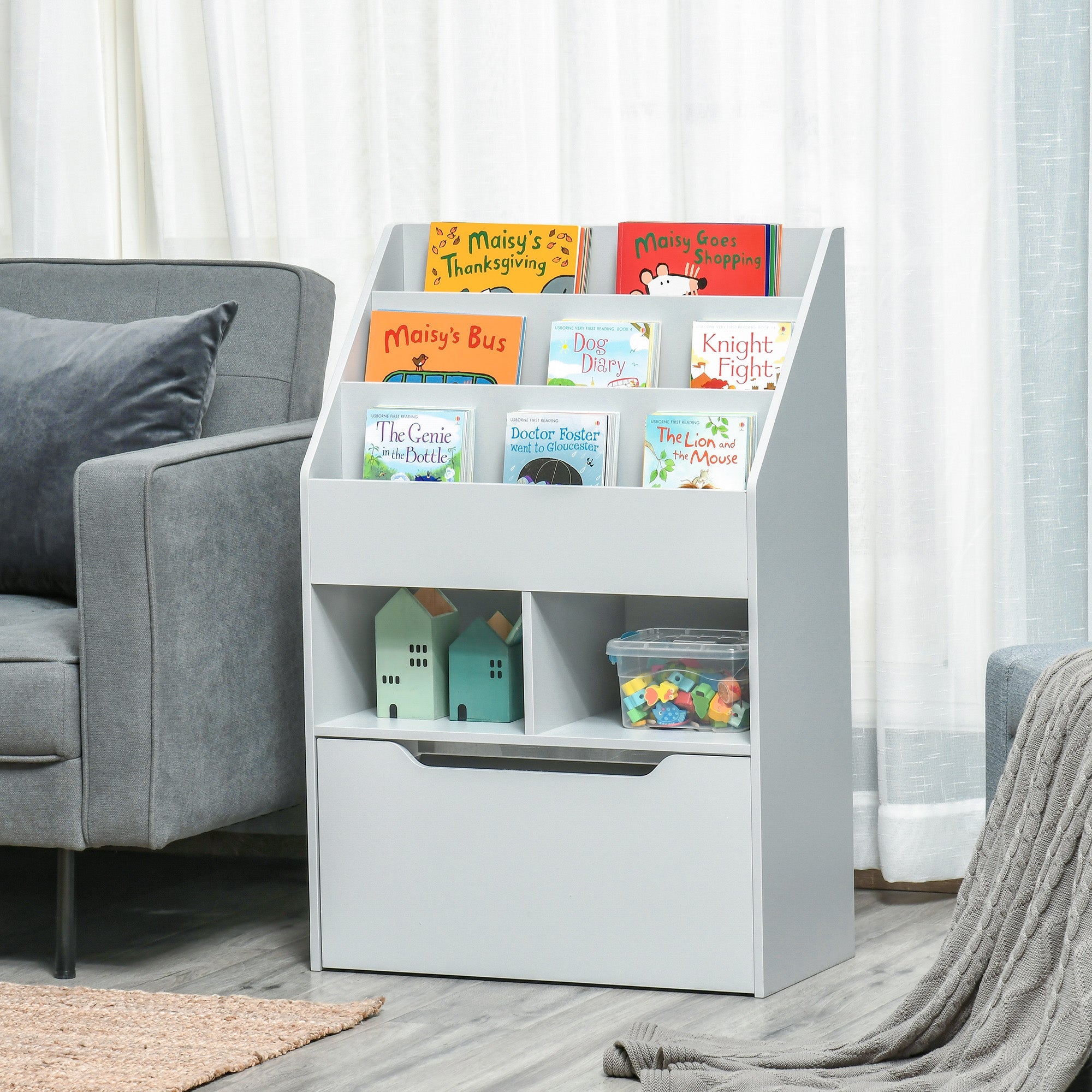 HOMCOM Kids Bookcase Multi Shelf Rack Organizer Storage Drawer Reading Nook Classroom Bedroom Playroom Grey 