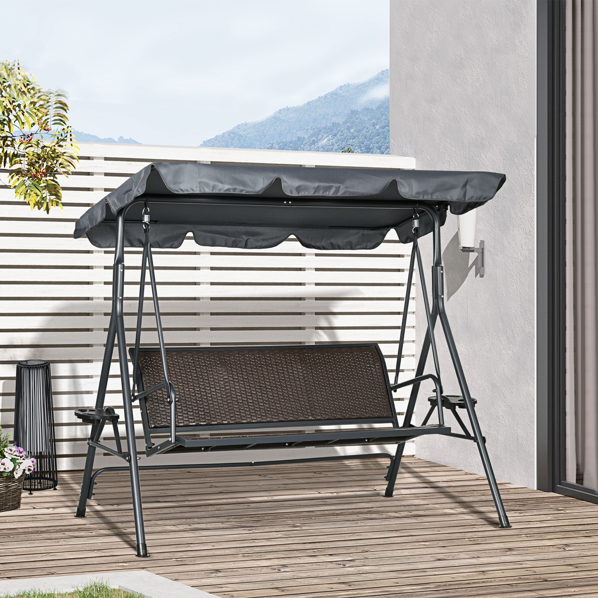 Outsunny 3-Seat Patio Swing Chair: Outdoor Canopy Glider with Adjustable Shade, Rattan Seat & Steel Frame 