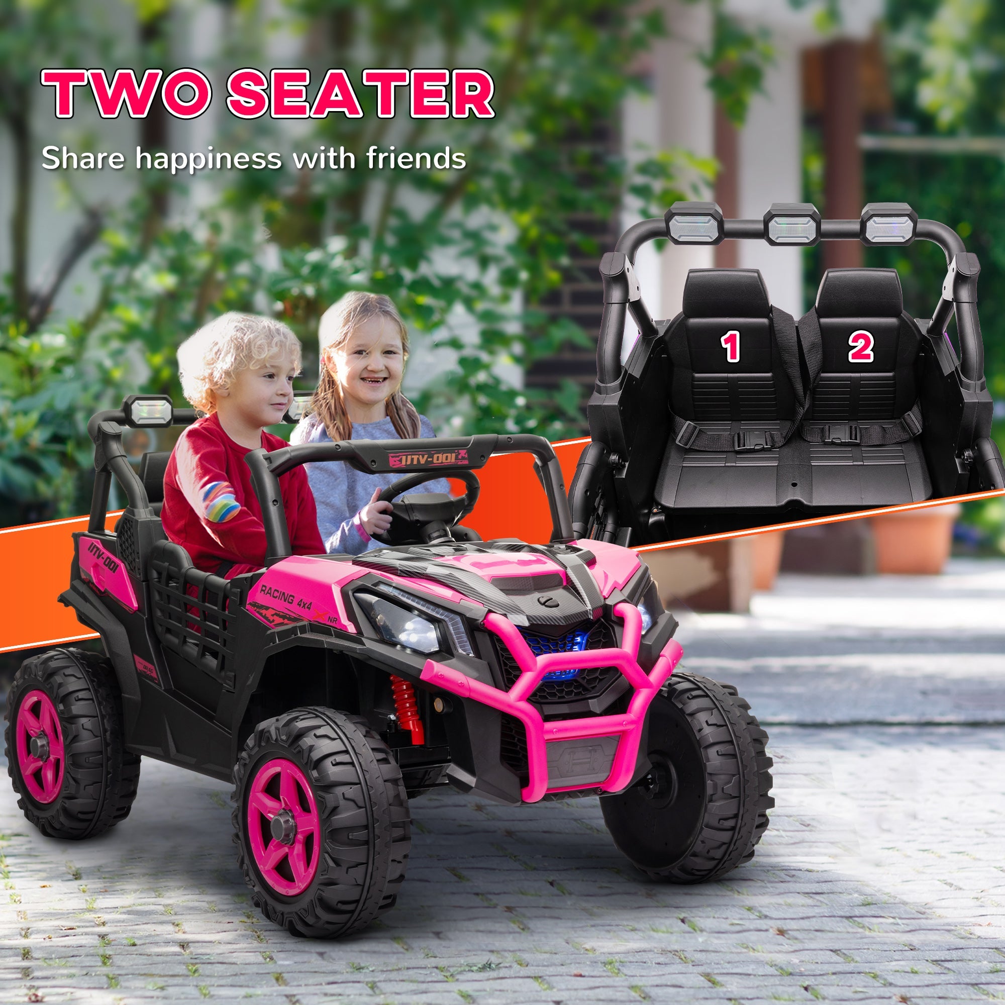 Qaba 2 Seater 24V Electric Car for Kids w/ Remote Control, 3 Speed, LED Lights, Music, Horn, Spring Suspension, Pink 