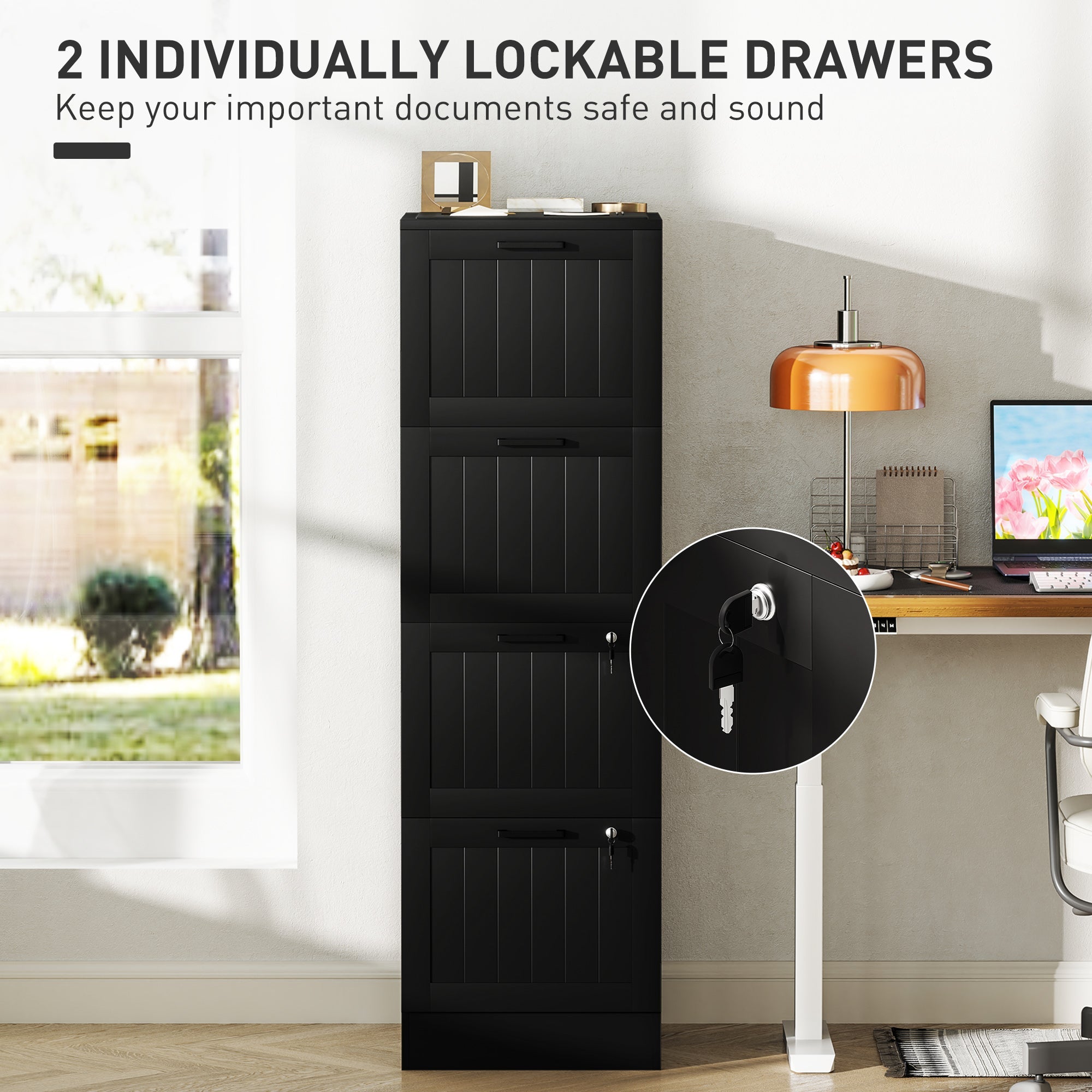 HOMCOM 4 Drawer Filing Cabinet with Lock, Office Storage Cabinet with Adjustable Hanging Bars for A4 Letter Size Files, Black 