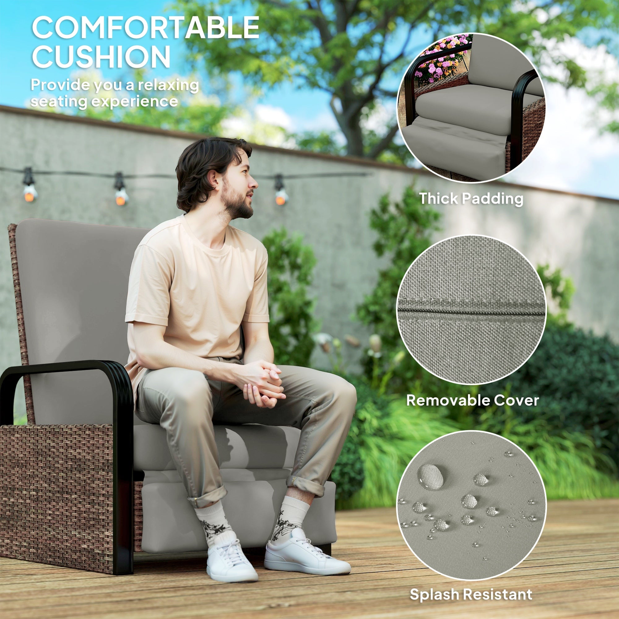Outsunny Wicker Outdoor Recliner Chair, Reclining Lounge Chair with Adjustable Backrest, Footrest and Side Tray, Light Grey 