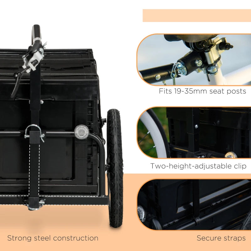 Aosom Steel Trailer for Bike, Bicycle Cargo Trailer with Foldable Storage Box and Safe Reflectors, Max Load 88LBS, Black