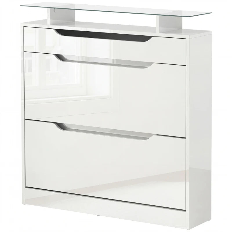 High Gloss Shoe Cabinet with 2 Flip Drawers and Adjustable Shelves, Narrow Shoe Storage Cabinet with Glass Top, White