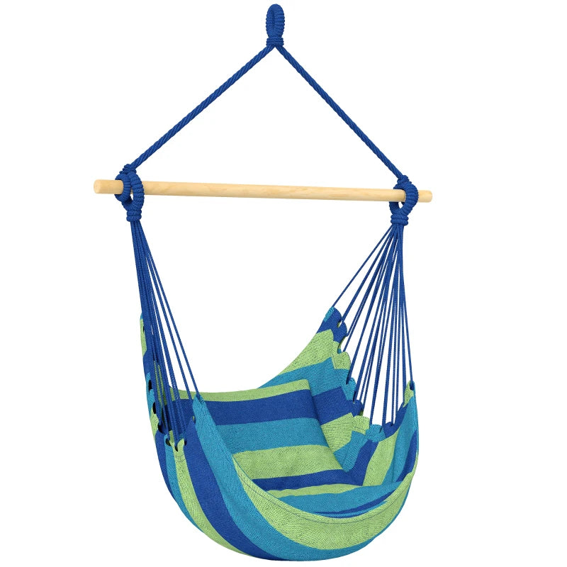 Hammock Chair Swing Hanging Macrame Chair w/ Two Soft Seat Cushions, Blue and Green