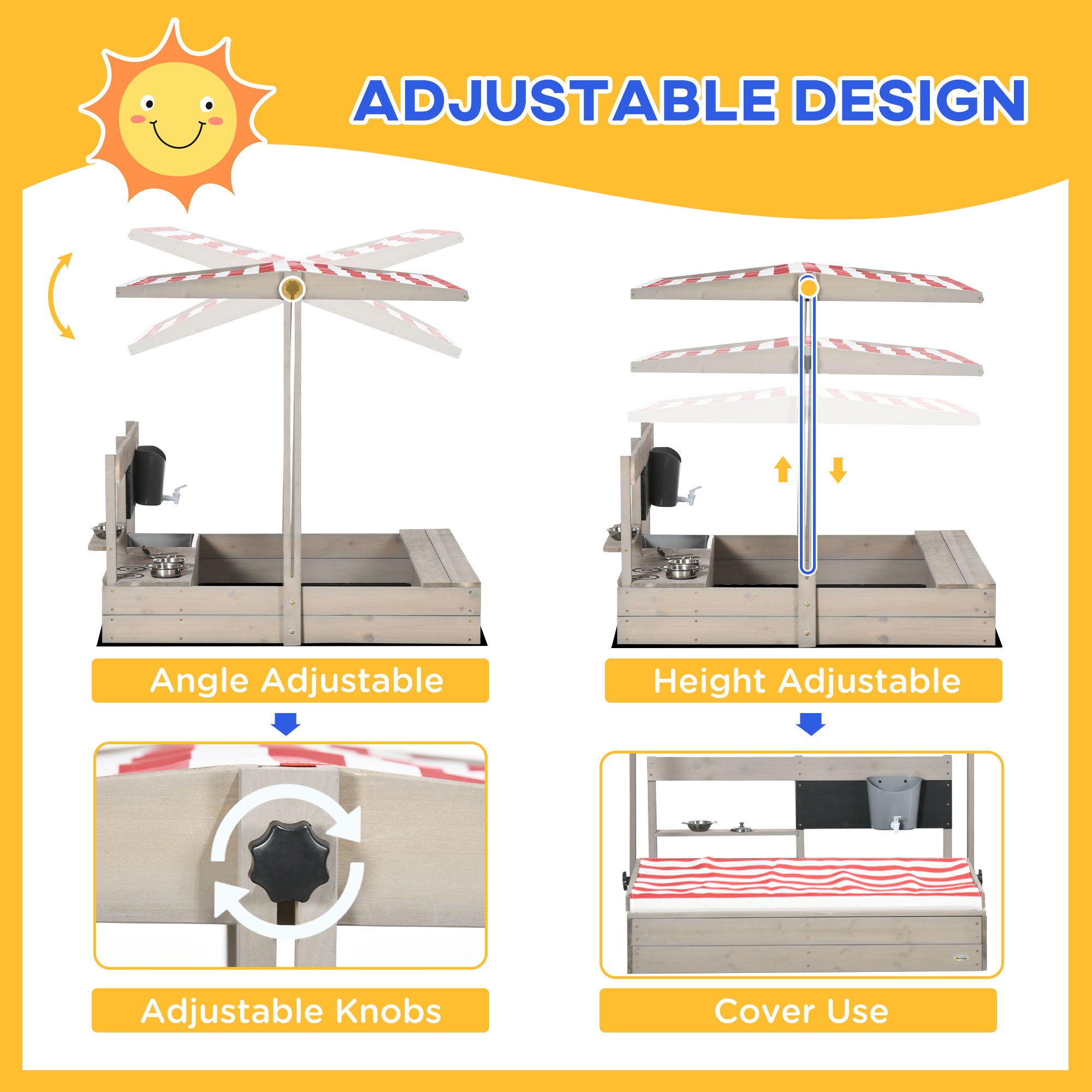 Outsunny Kids Sandbox with Canopy Wooden Sandpit Adjustable Cover Kitchen Toys Seats Storage for Ages 3-7 45x43 inch 