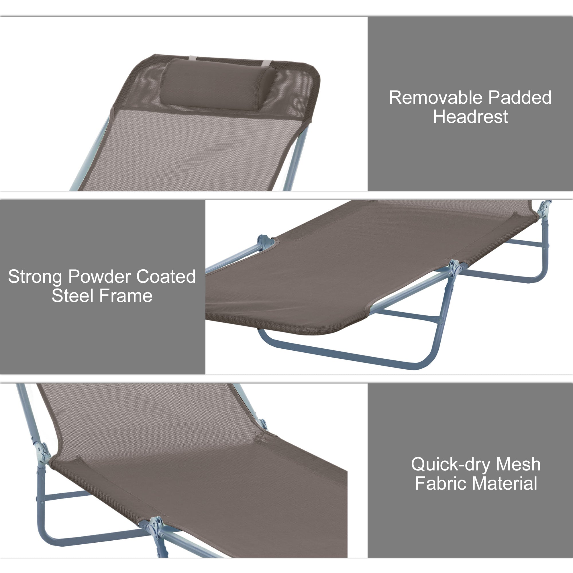 Outsunny Folding Reclining Chair Portable Garden Chaise Lounge Adjustable Outdoor Camping Beach Bed with Pillow Coffee 