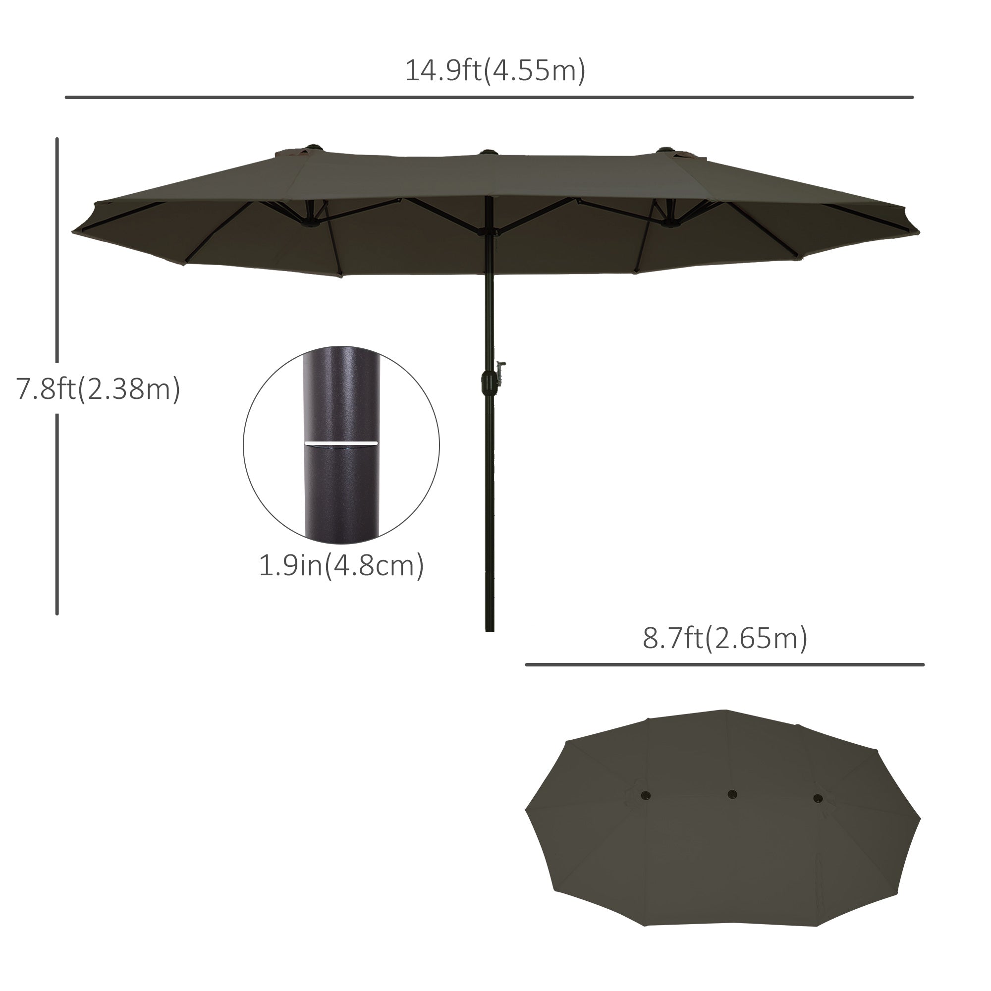 Outsunny 15' Outdoor Patio Umbrella with Twin Canopy Sunshade Steel Table Umbrella with Lift Crank Grey 