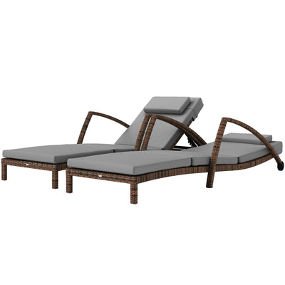 Outsunny Set of 2 Wicker Chaise Lounge Chair Outdoor Patio Lounger with 5 Adjustable Back, Wheels, Cushion and Armrests, Grey 