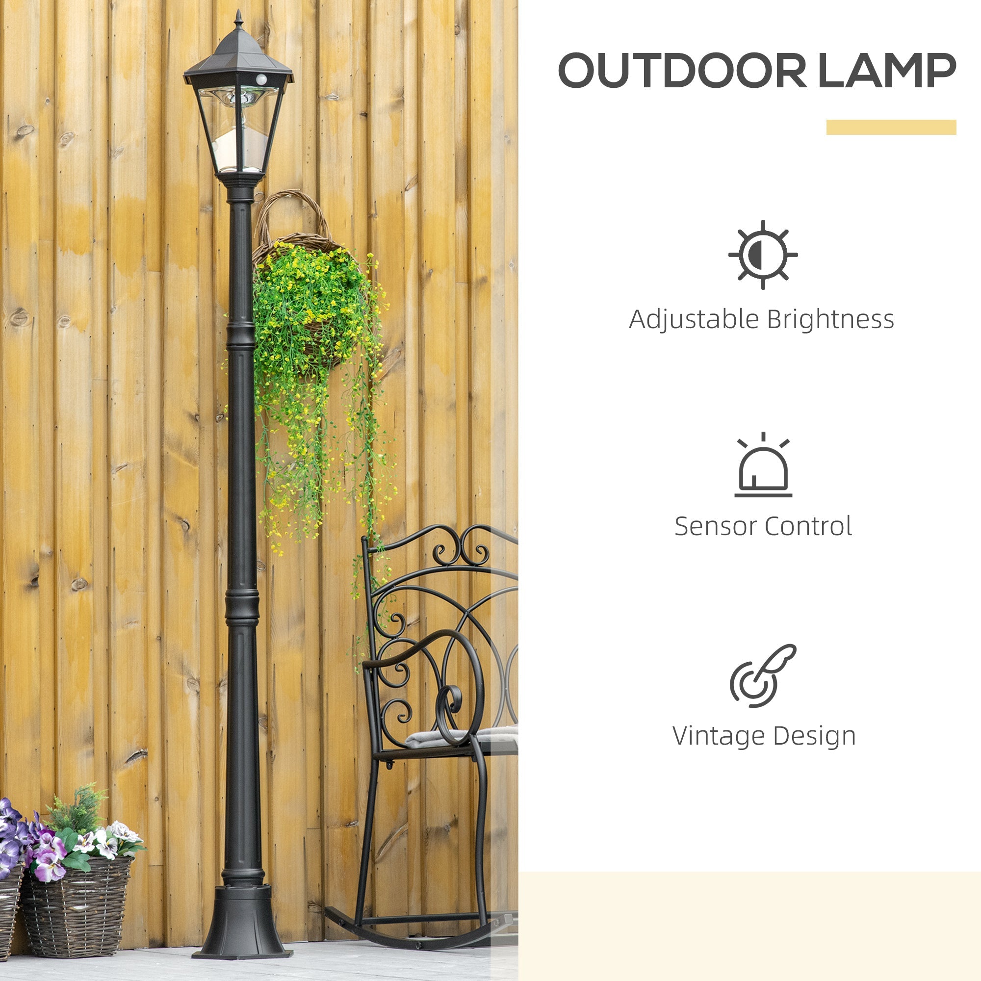 Outsunny 77" Outdoor Solar LED Lamp Post Light Street Lamp Motion Sensor PIR Adjustable Brightness Yard Black 