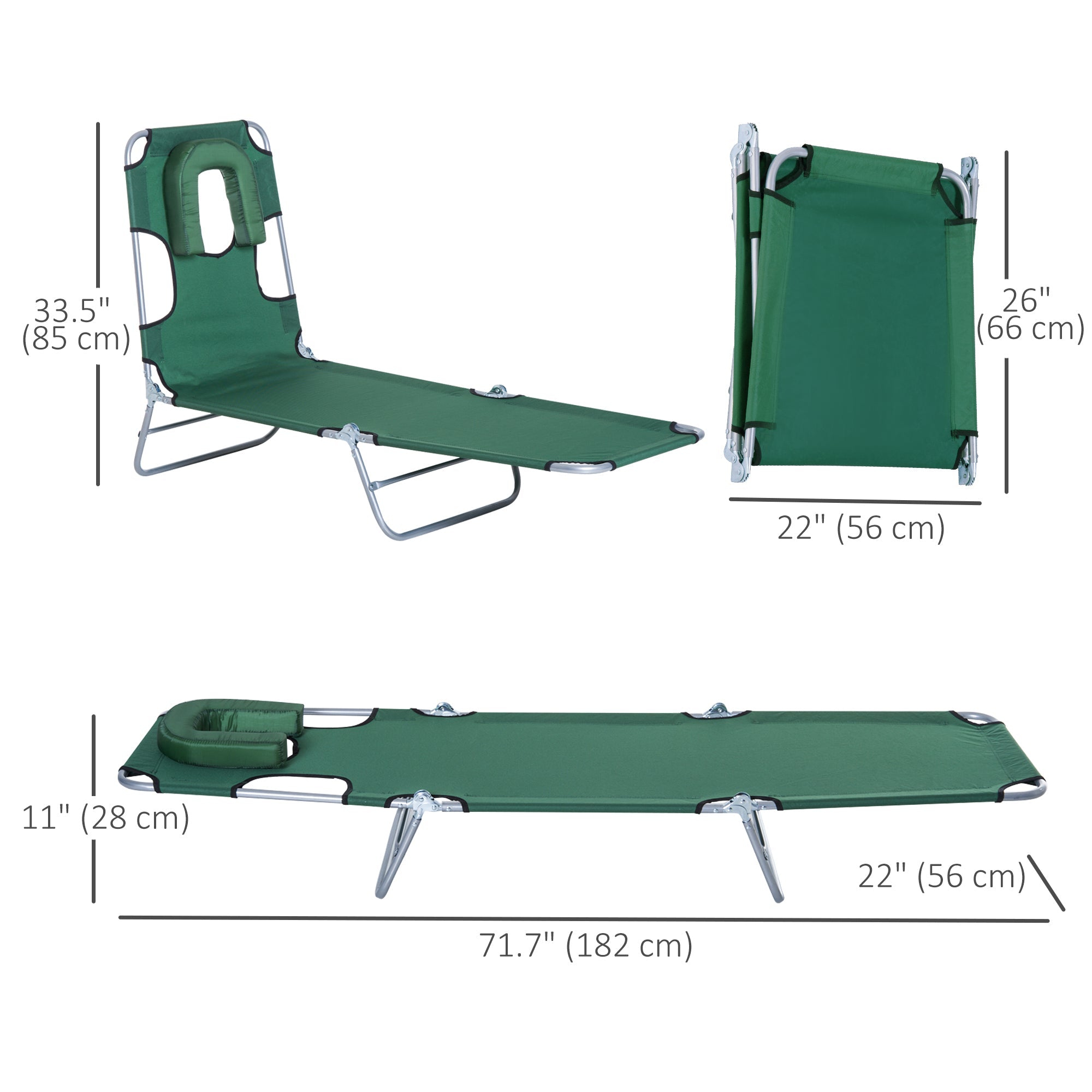 Outsunny Folding Adjustable Chaise Lounge w/ Face Cavity Outdoor Beach Camping Sun Lounger Bed Recliner (Green) 
