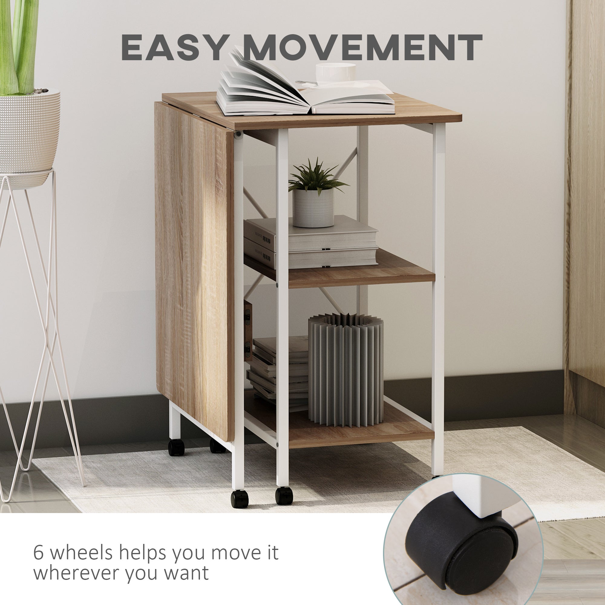 HOMCOM Folding Study Desk Storage Shelves Laptop Table Home Office Workstation 6 Wheels Natural 