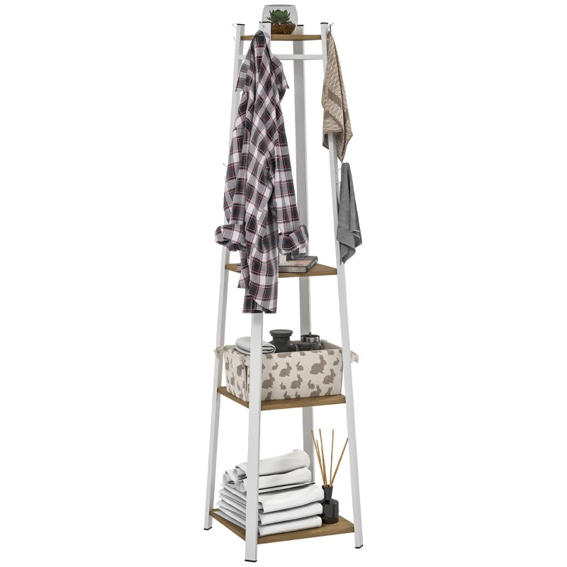 Clothes Rack with Storage, Garment Rack with 8 Hooks and 3-Tier Shelf, Clothes Stand for Bedroom, Entryway, Oak