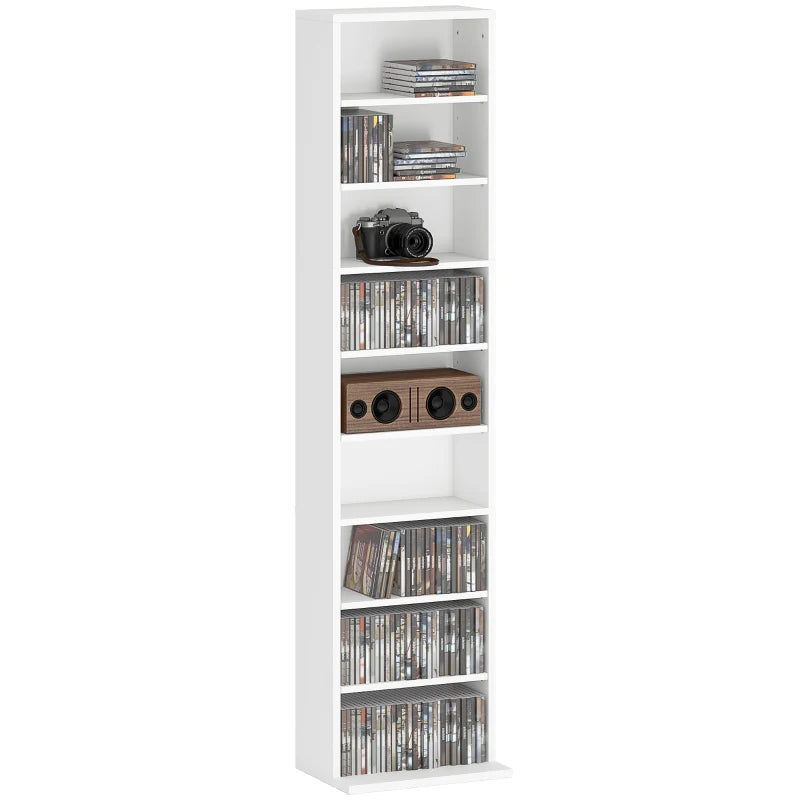 Media Storage Cabinet, 9-Tier Tall Narrow DVD Shelf with 6 Adjustable Shelves, White