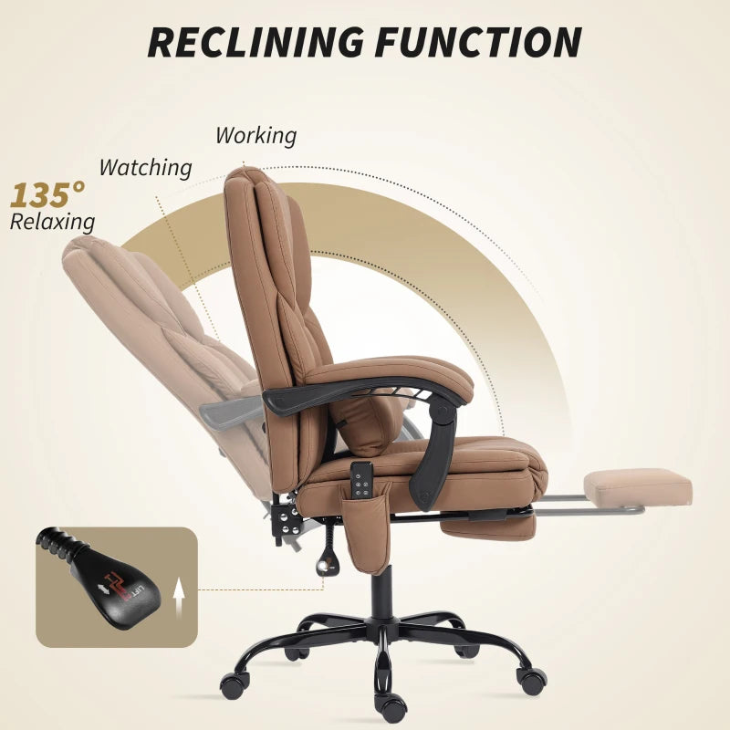 Office Chair with Massage, Pet-Friendly Faux Leather Reclining Desk Chair with Lumbar Support, Footrest, Brown