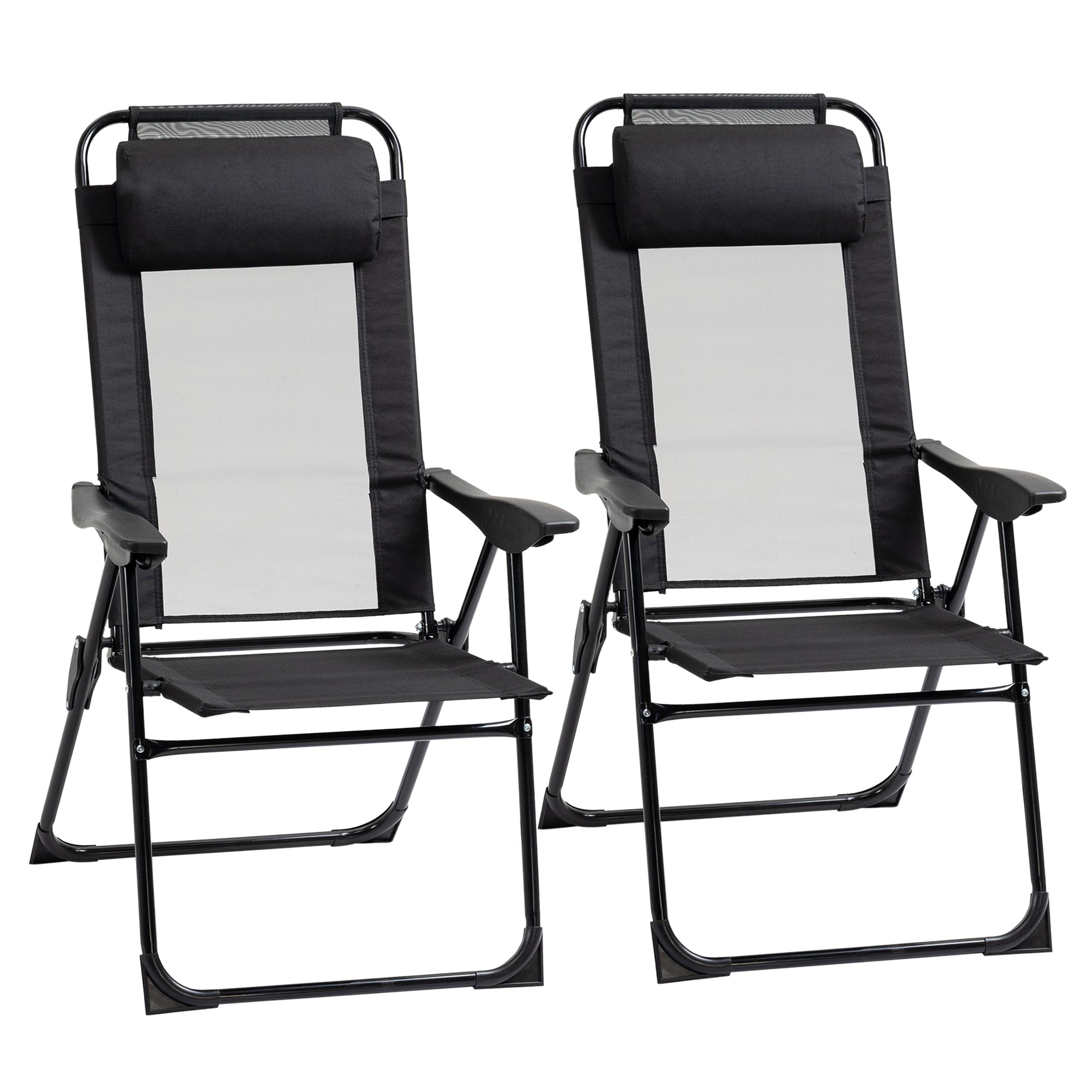 Outsunny Dual Camping Delight: Double Foldable Reclining Camping Chairs with Headrest, Black 