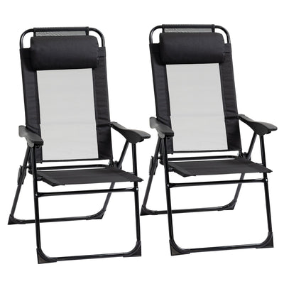 Outsunny Dual Camping Delight: Double Foldable Reclining Camping Chairs with Headrest, Black 