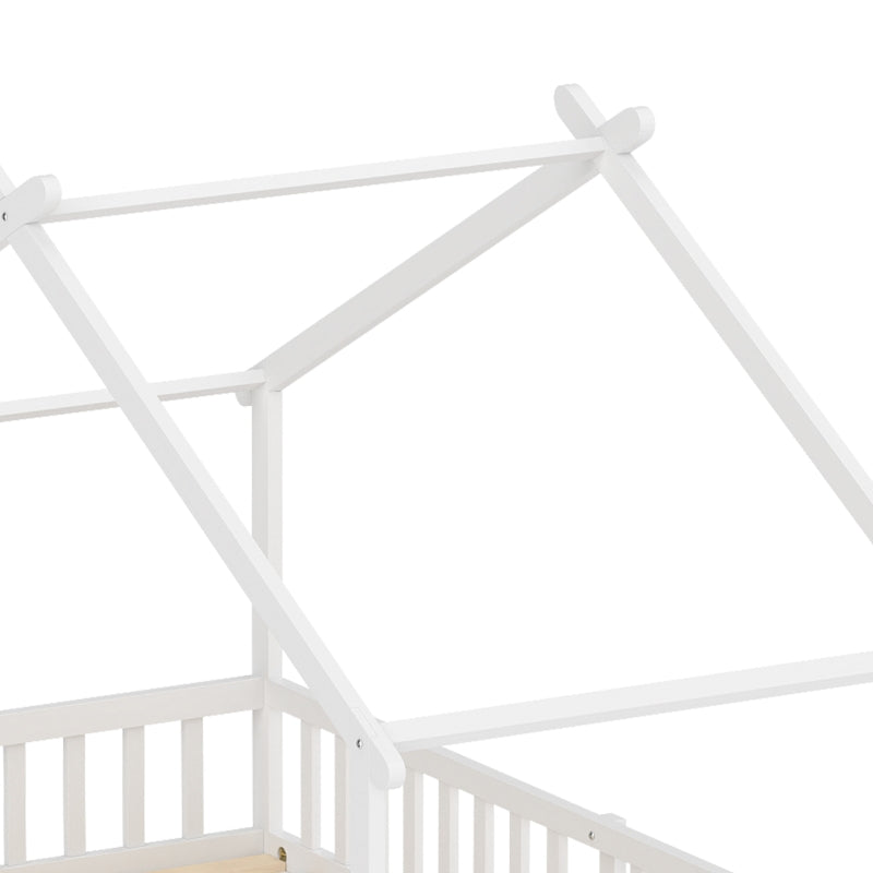 Twin House Bed Frame with Roof, Solid Wood Montessori-Style Kids Bed with Guardrails – White