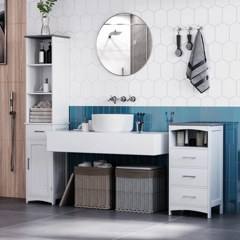 Tall Bathroom Storage Cabinet, Slim Bathroom Cabinet with 3 Tier Shelf, Drawer, Door, Freestanding Linen Tower, White