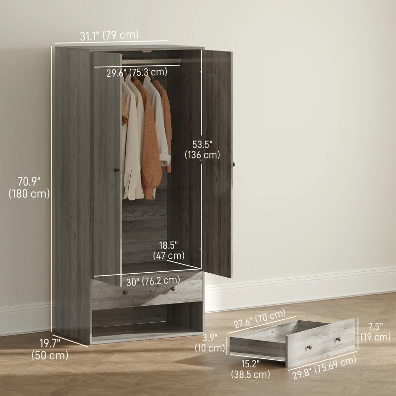 Modern Wardrobe Closet Armoire with 2 Drawers and Hanging Rod, Clothes Storage Organizer for Bedroom, Grey