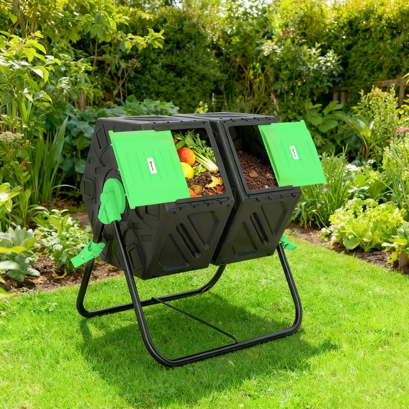 Rotating Composter, Dual Chamber Compost Bin with 24 Vents and Steel Legs, 34.5 Gallon, Green